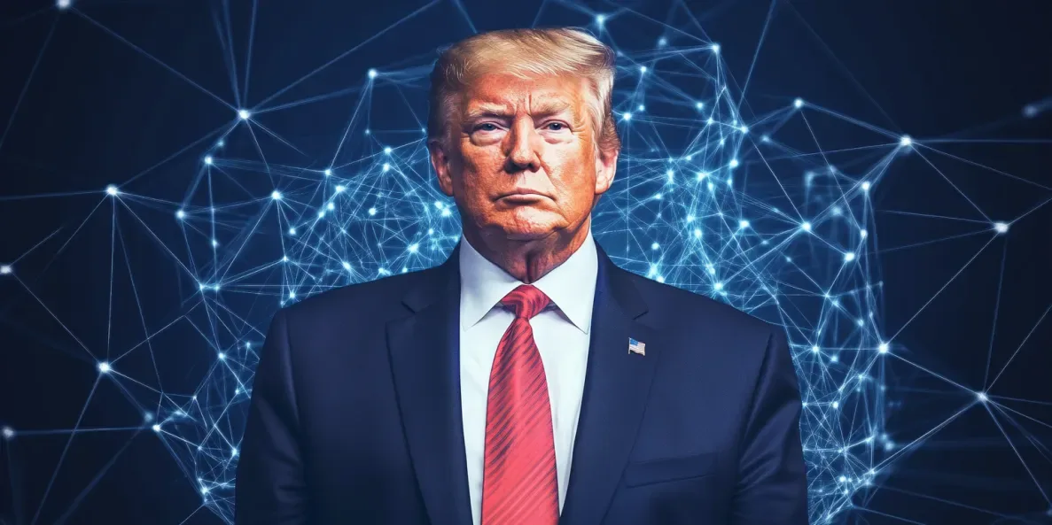 Donald Trump in front of a blockchain