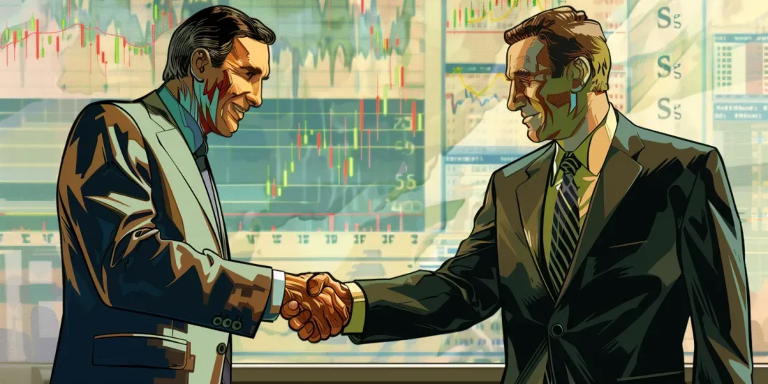 Two traders shaking hands with trading charts in background, art by Midjourney
