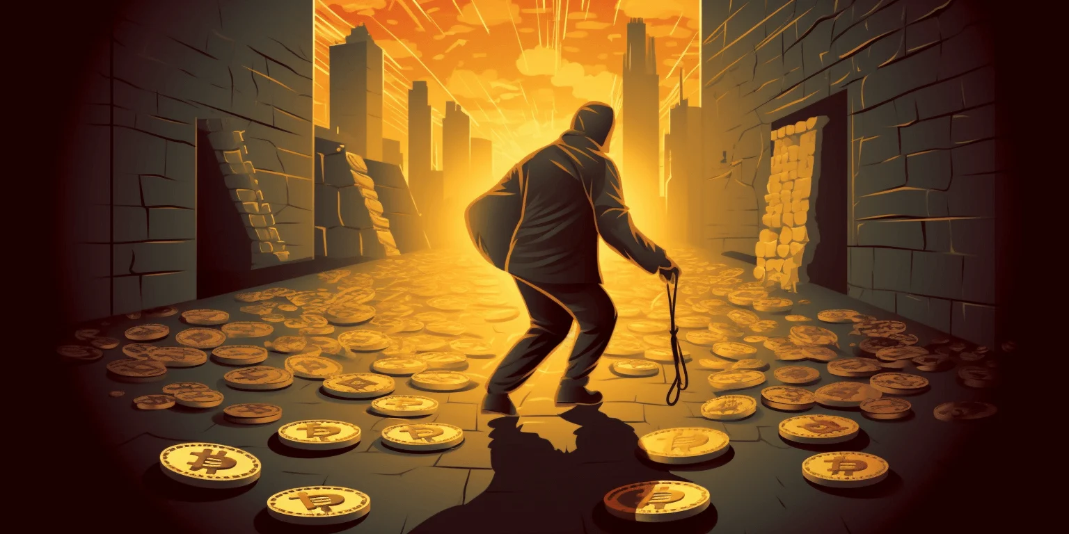 Anonymous thief stealing bitcoins, art generated by Midjourney