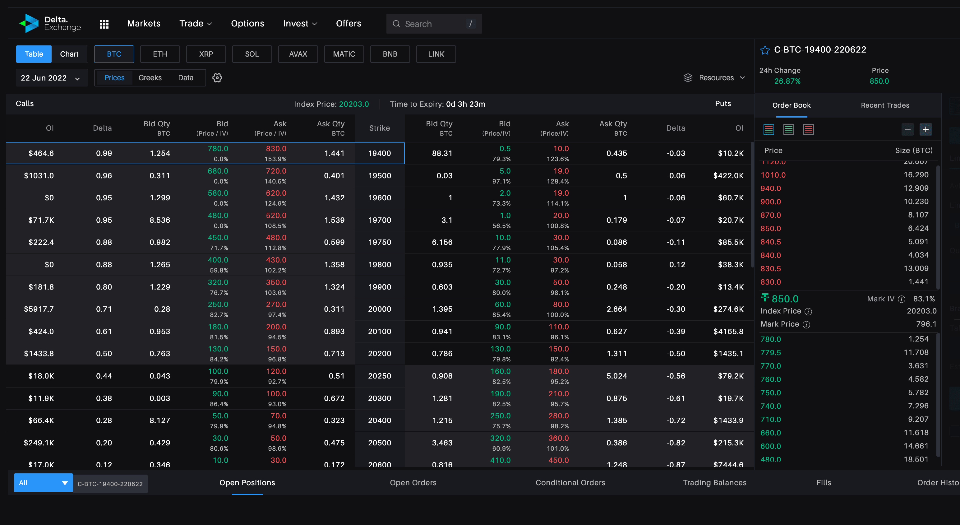 A screenshot of Delta options page.