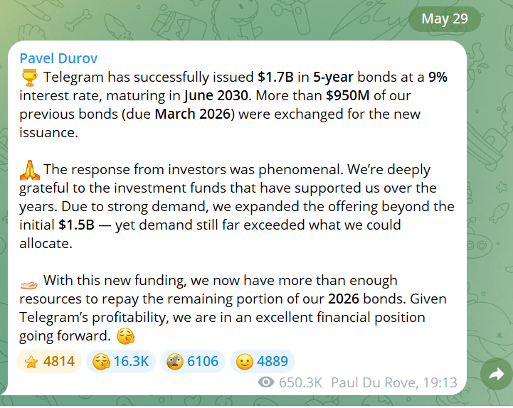 Telegram’s official bond announcement screenshot. Screenshot source: Pavel Durov's channel