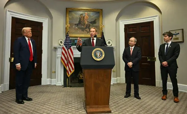 Trump, Altman and Sohn listen to Ellison's speech. Source: CBS News.