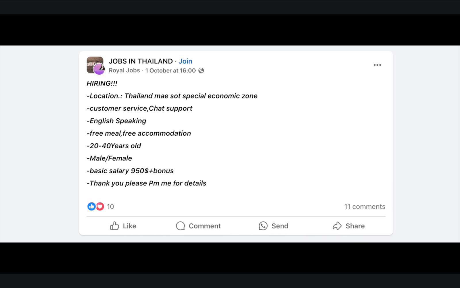 Example of an advertisement for an employee. Source: Facebook.