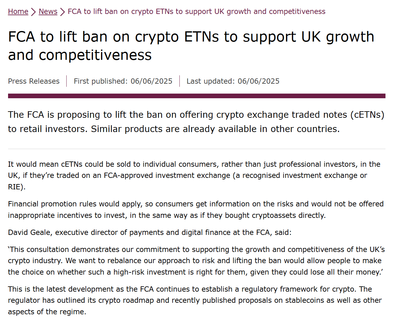 FCA to lift ban on crypto ETNs. Source: fca.org.uk