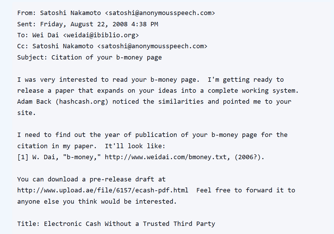 Satoshi’s first known email, with an early draft of the whitepaper