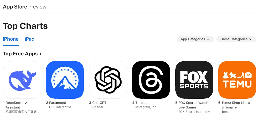 Top free apps in the App Store in the US. Source: App Store.