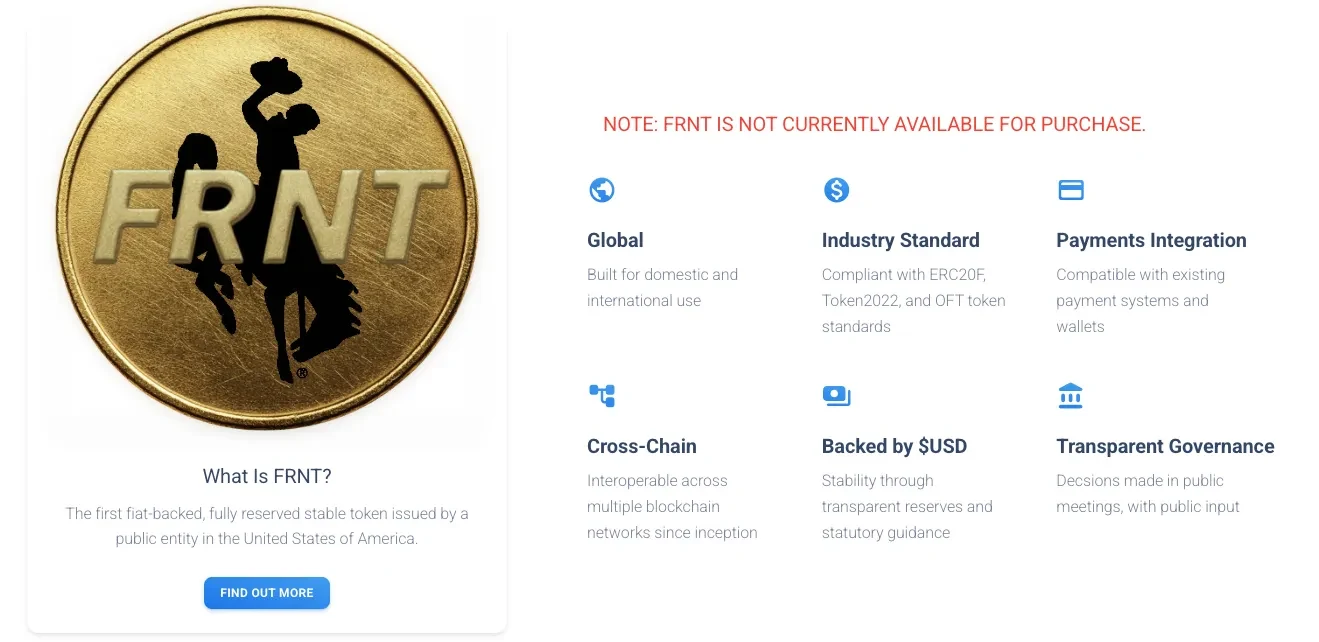 FRNT won't be purchasable at launch, the Commission confirmed. Source: stabletoken.wyo.gov