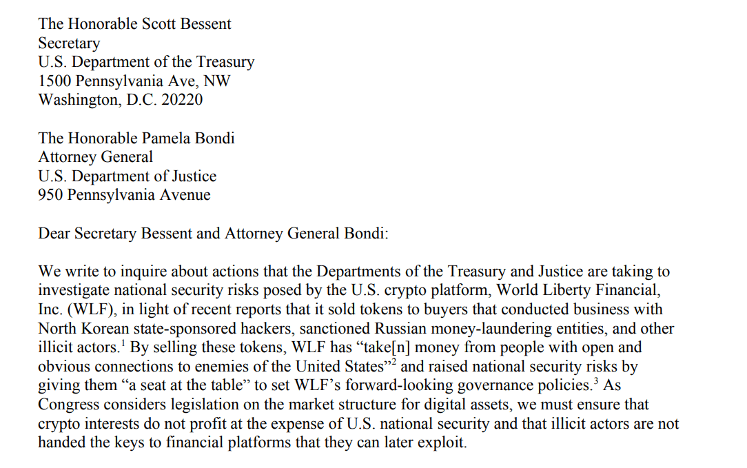 Letter to Bessent and Bondi on WLFI token sales. Source: U.S. Senate