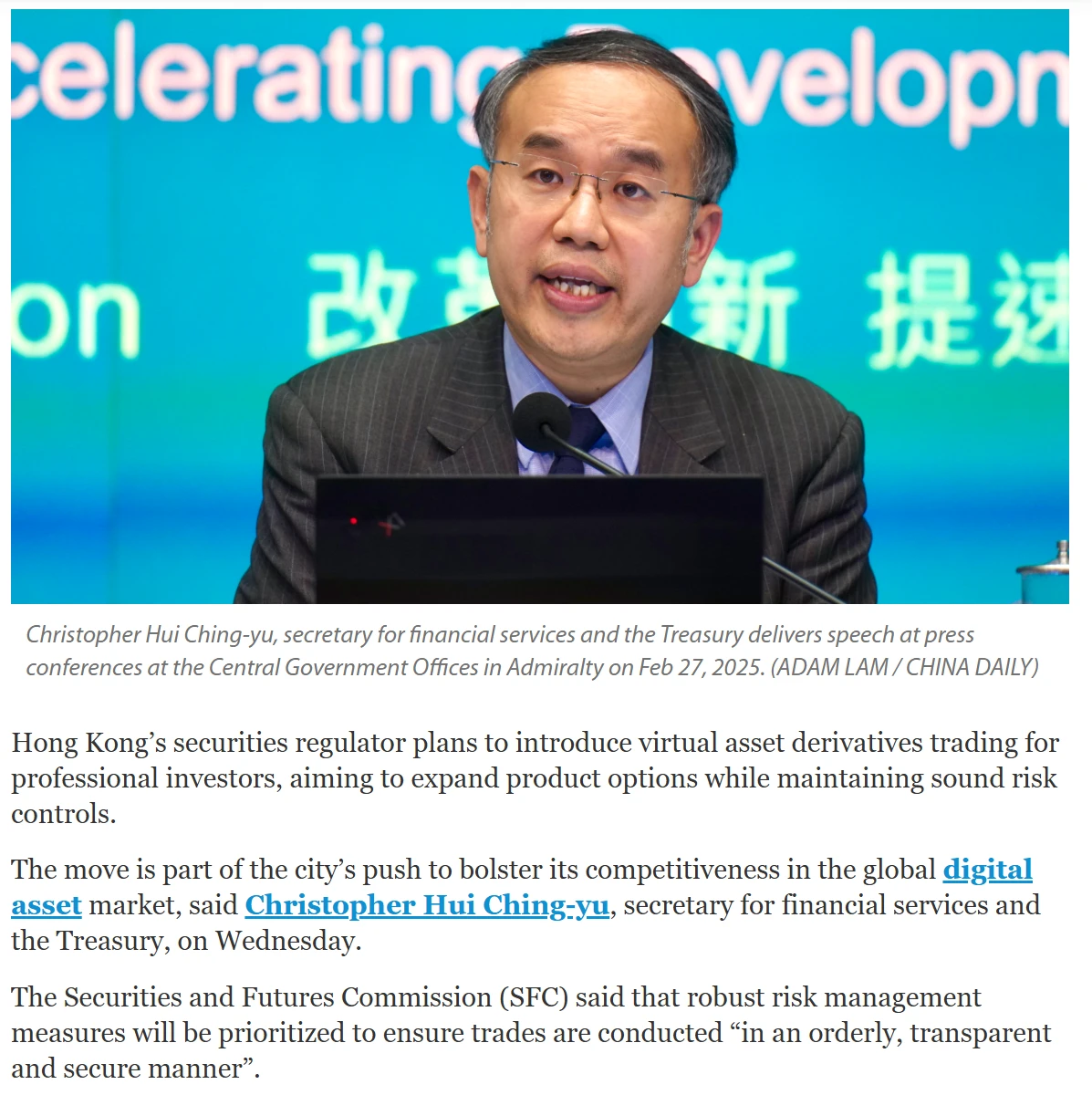 HK to expand crypto offerings with derivatives trading for investors. Source: chinadailyasia