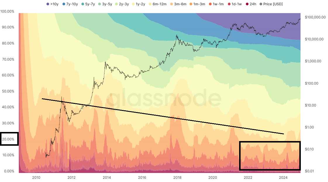 HODL Waves indicator showing changes in bitcoin network activity. Source: Glassnode. 