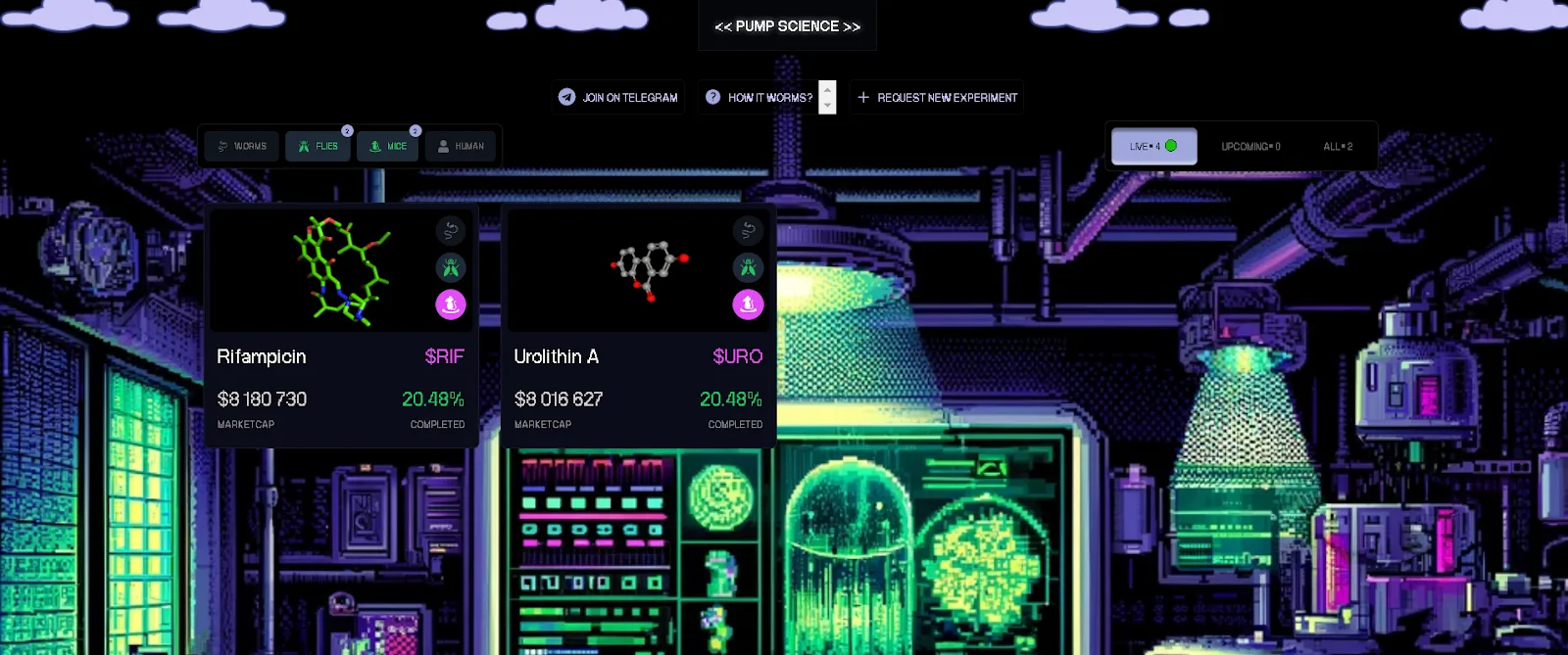 Pump Science interface with two running tokens RIF and URO. Source: Pump Science.