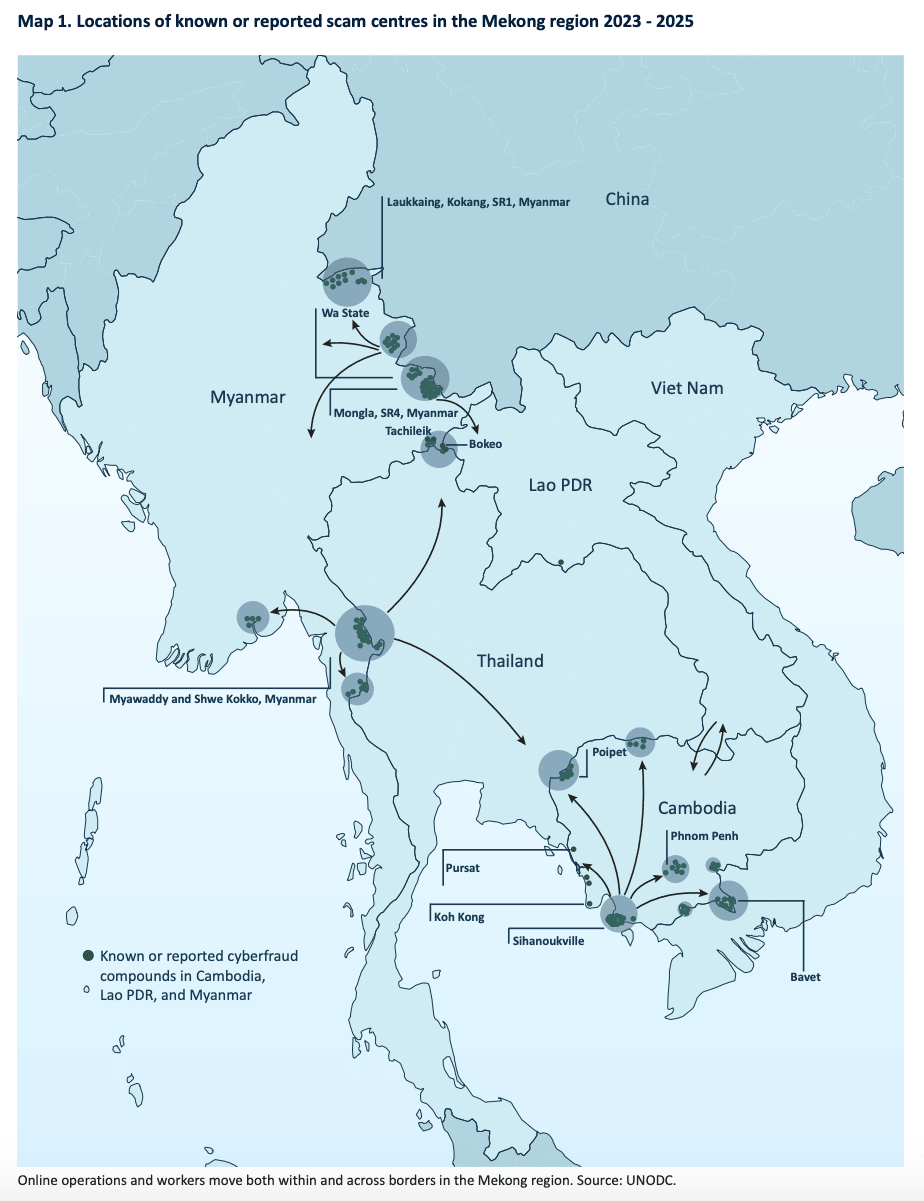 Locations of known fraud centers near the Mekong Delta in 2023-2025. Source: UNODC.