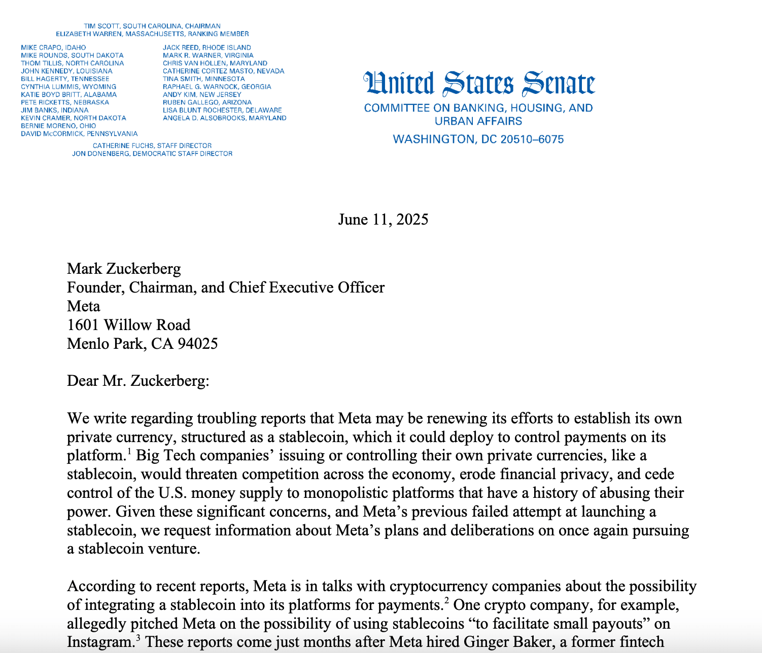 Letters to Meta CEO Mark Zuckerberg from Senators Elizabeth Warren and Richard Blumenthal. Source: US Senate Banking Committee.