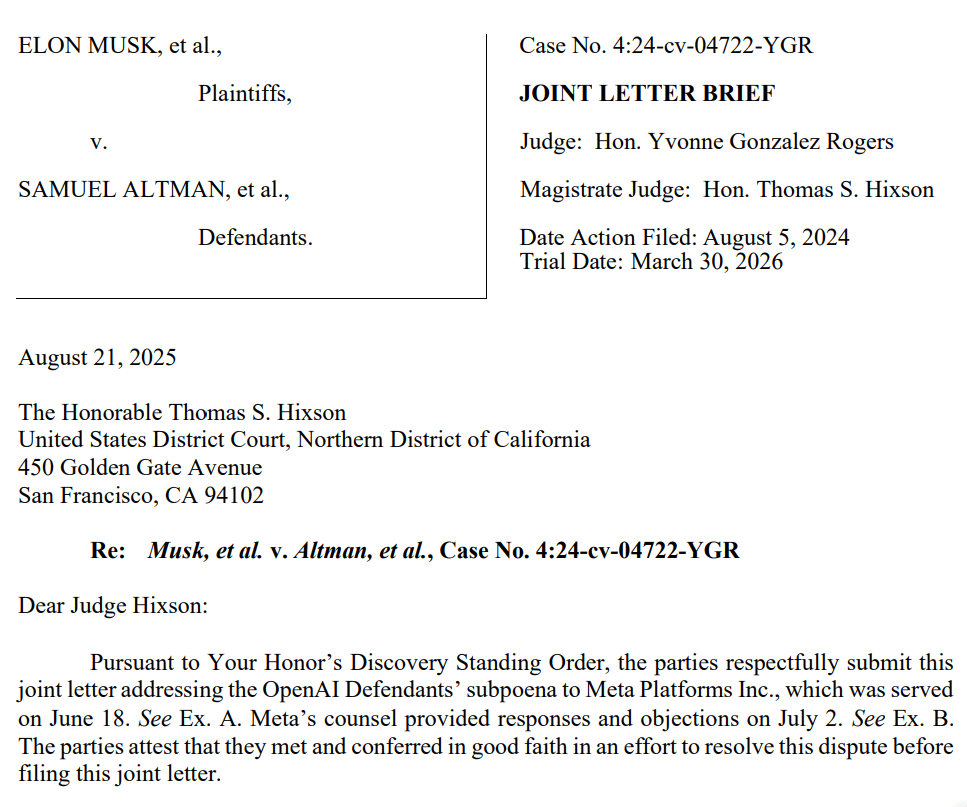 OpenAI subpoenas Meta in Elon Musk lawsuit. Source: courtlistener