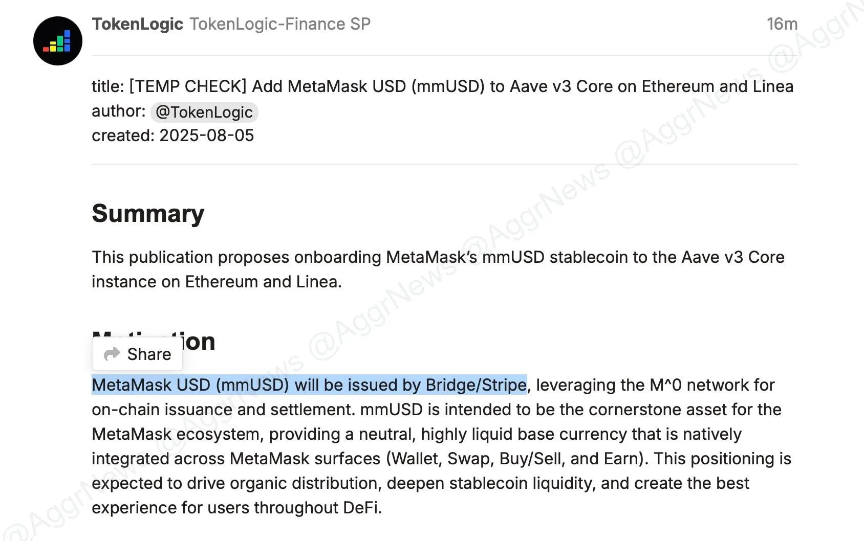 Screenshot of the proposal in Aave Governance. Source: AggrNews.