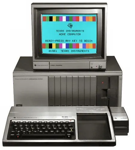 TI-99/4 computer with a peripheral monitor on a white background.