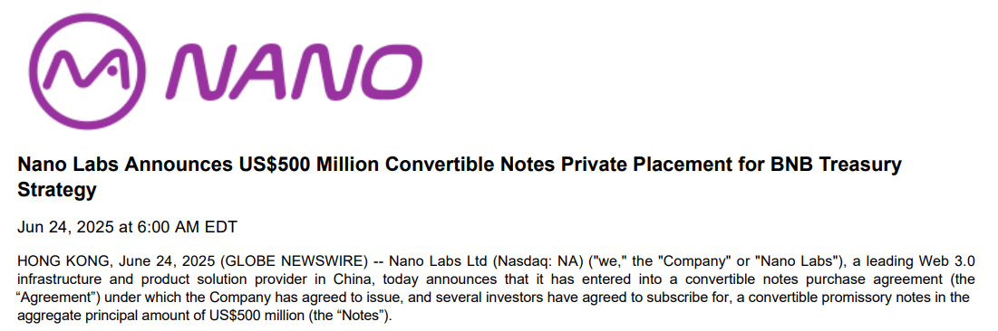 Nano Labs Announces US$500 Million Convertible Notes Private Placement. Source: ir.nano.cn