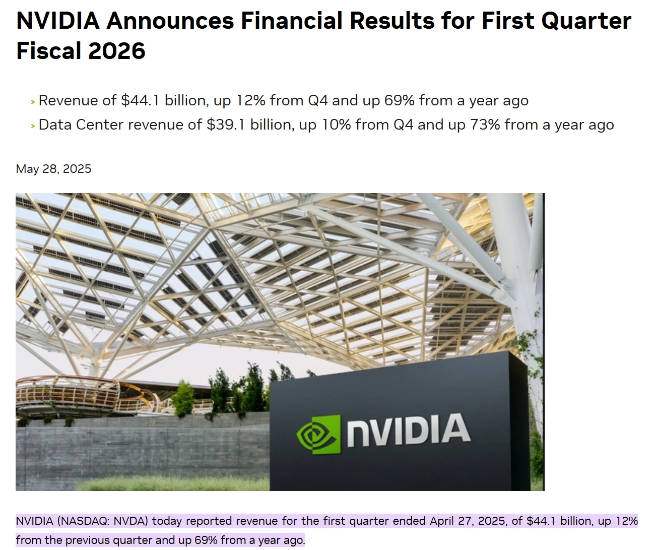 Nvidia Q1 2025 Earnings Report Screenshot. Source: nvidia.com