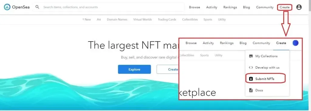 OpenSea interface and the steps you need to go through to create an NFT