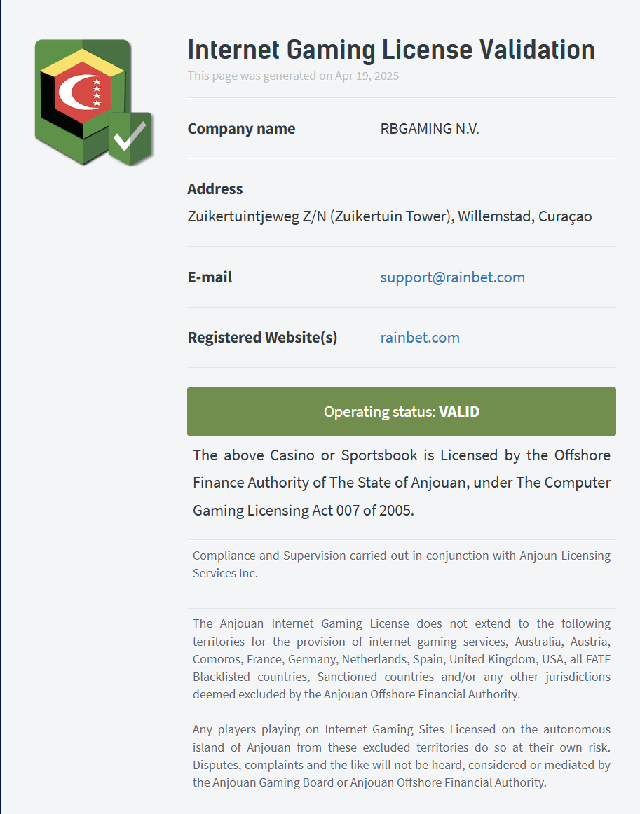 Rainbet's Internet Gaming License Validation. Source: verification.anjouangaming.org