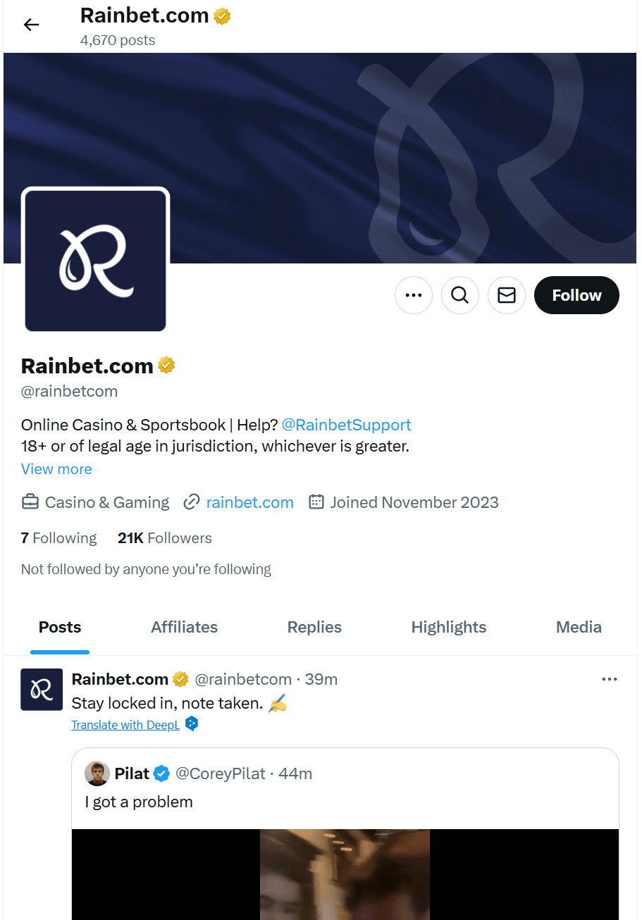 Rainbet's X (Twitter) Page.