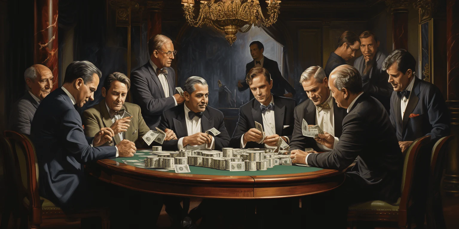 Many rich men sitting around the table comparing who got more dollar bills in stashes, art generated by Midjourney.