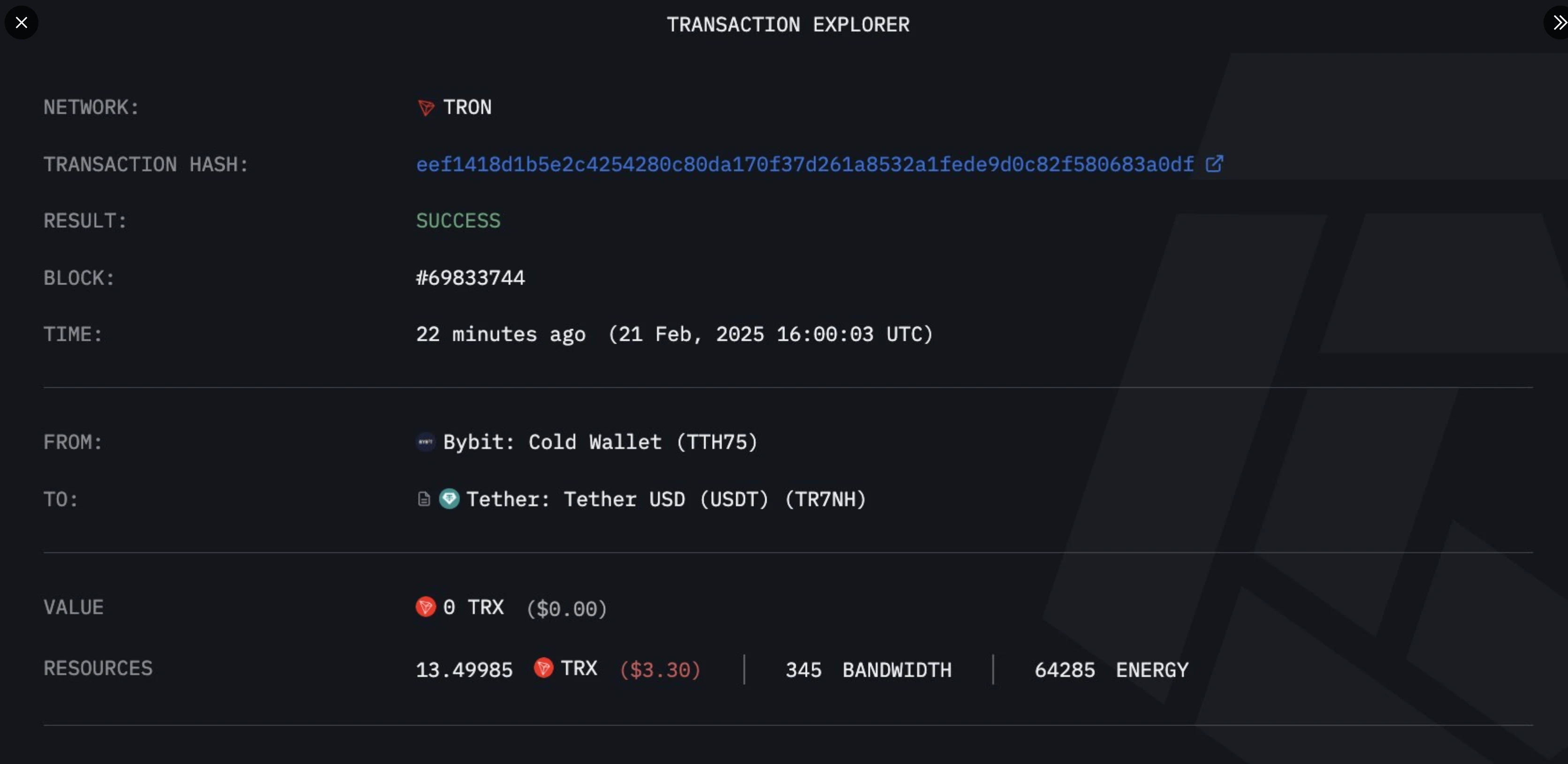 Screenshot of a USDT transaction from the ByBit cold wallet. Source: X