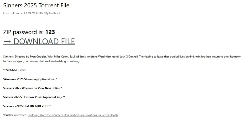 An example of a hacked website offering to download an infected torrent with a movie. Source: Kaspersky Lab.