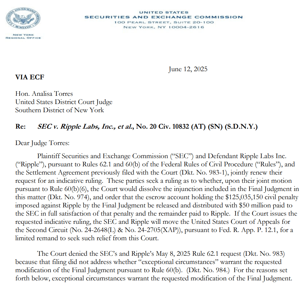 The Court denied the SEC’s and Ripple’s request. Source: courtlistener. com