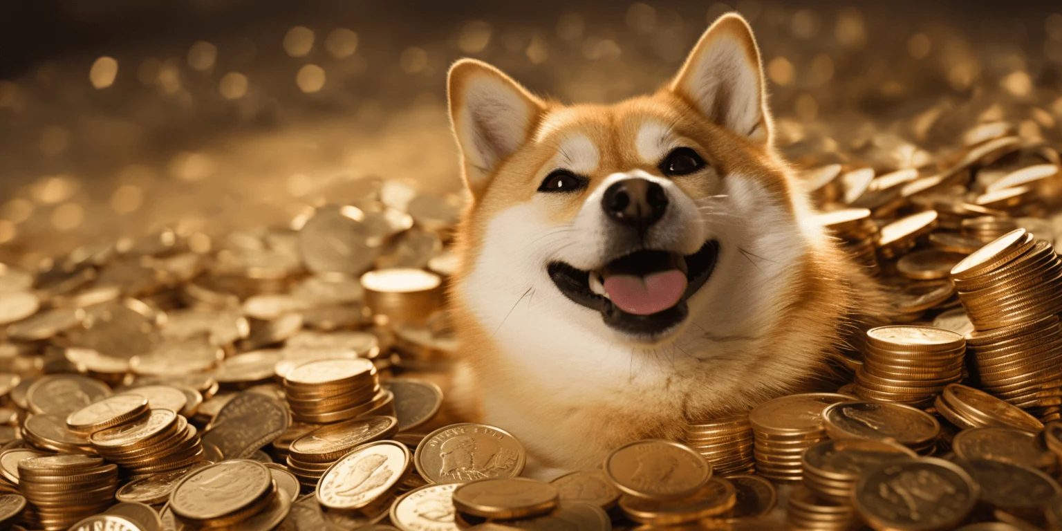 An image showing shiba inu dog on a pile of golden coins