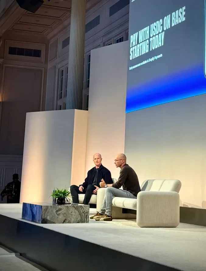 Coinbase CEO Brian Armstrong (left) and Shopify CEO Tobi Lutke announcing Shopify’s USDC payments on Base. Source: Tobi Lutke