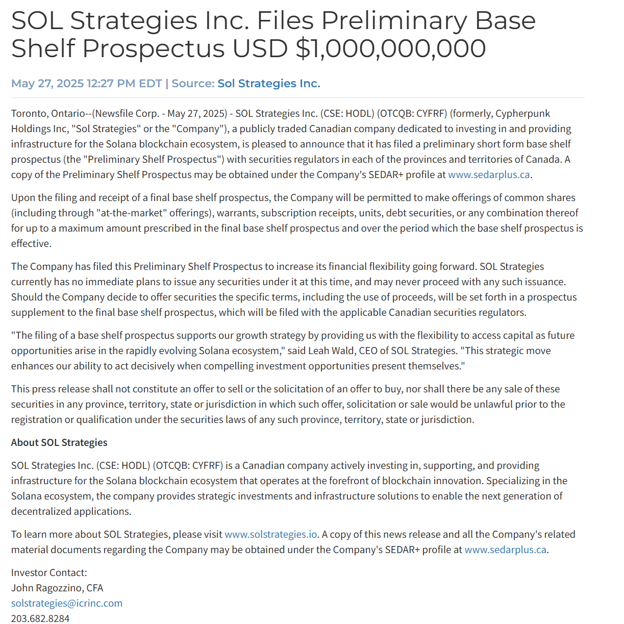 SOL Strategies Inc. Files Preliminary Base Shelf Prospectus USD $1B. Source: newsfilecorp