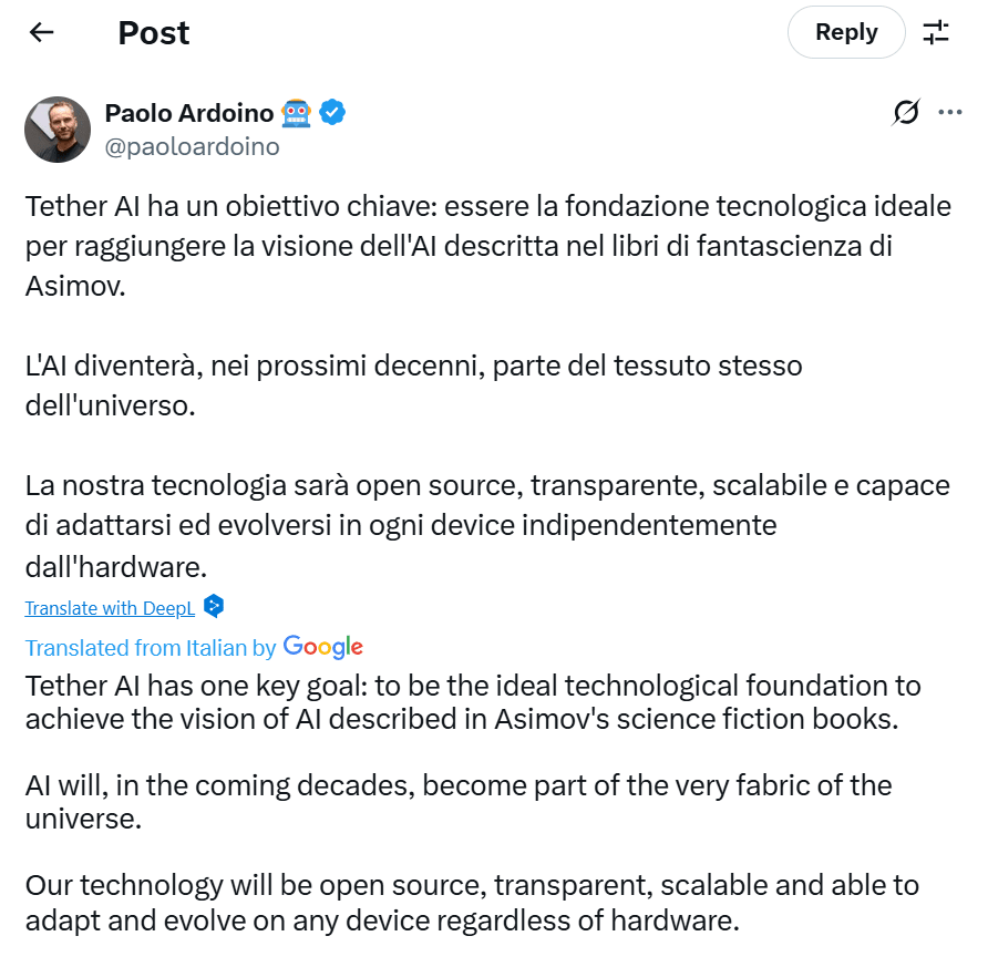 Ardoino's statement regarding the Tether AI project. Source: Paolo Ardoino.