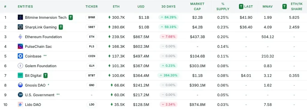 The top 10 largest holders of Ethereum. Source: Strategic ETH Reserve.