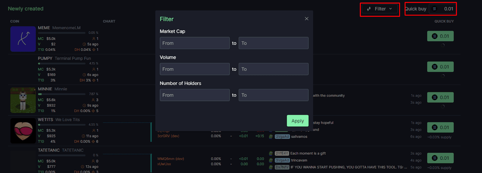 Terminal filter pump.fun. Source: pump.fun.