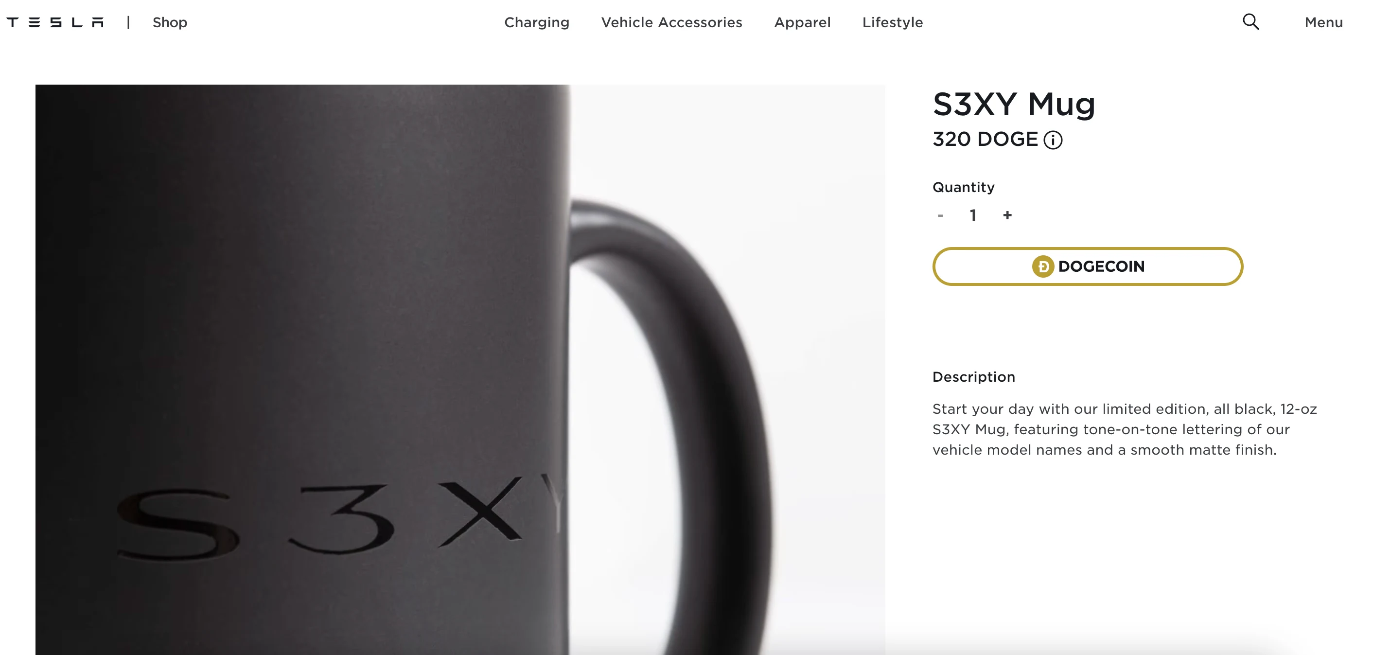 Tesla's S3XY Mug can be bought for 320 DOGE. Source: shop.tesla.com