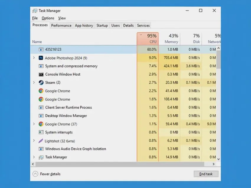The screenshot of Windows Task Manager shows an unknown process loading CPU at 60%. Its name is a set of numbers, which l