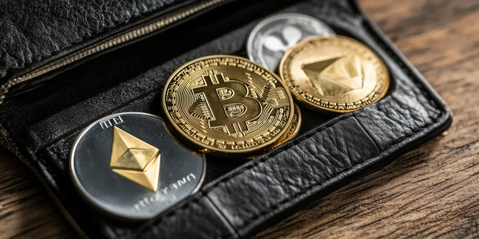 A simple graphic showing a digital wallet with logos of different cryptocurrencies flowing in and out. Source: AI-Generated