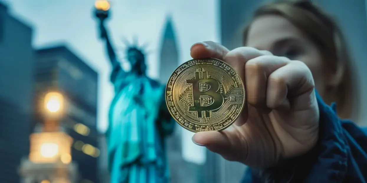 woman clutching a bitcoin