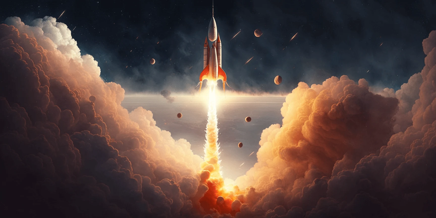 Rocket launch into stratosphere, art generated by Midjourney. 